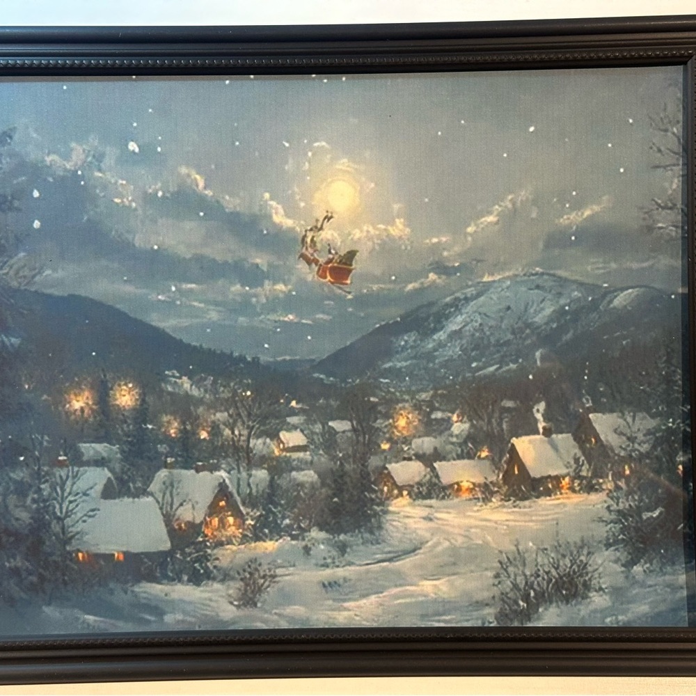 Winter Wonderland Village Santa Reindeer Flying Vintage Style Art Print 8x10
